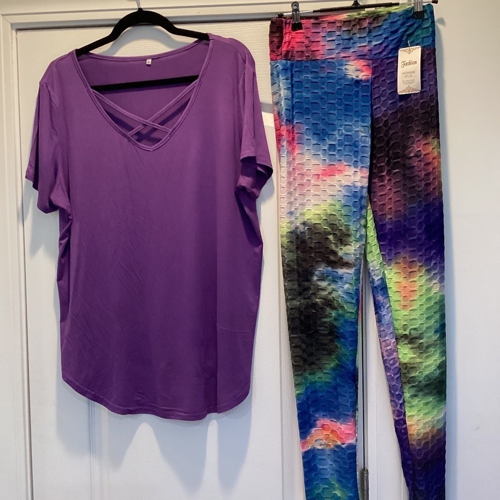 2-PC SCRUNCHIE BUTT LEGGINGS SET ( Size: XL) ( Color: Purple)